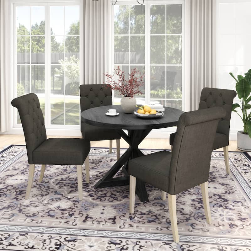Roundhill Furniture Banff 5-Piece Round Dining Set, Cross-Buck Round Table with 4 Tufted Chairs