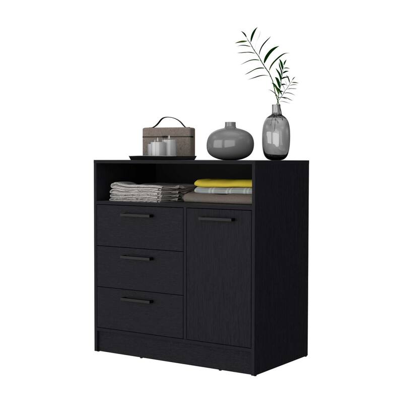 3-Drawer Dresser with Door Cabinet and Open Storage Shelf Featuring Smooth Glide Drawers and Compact Design