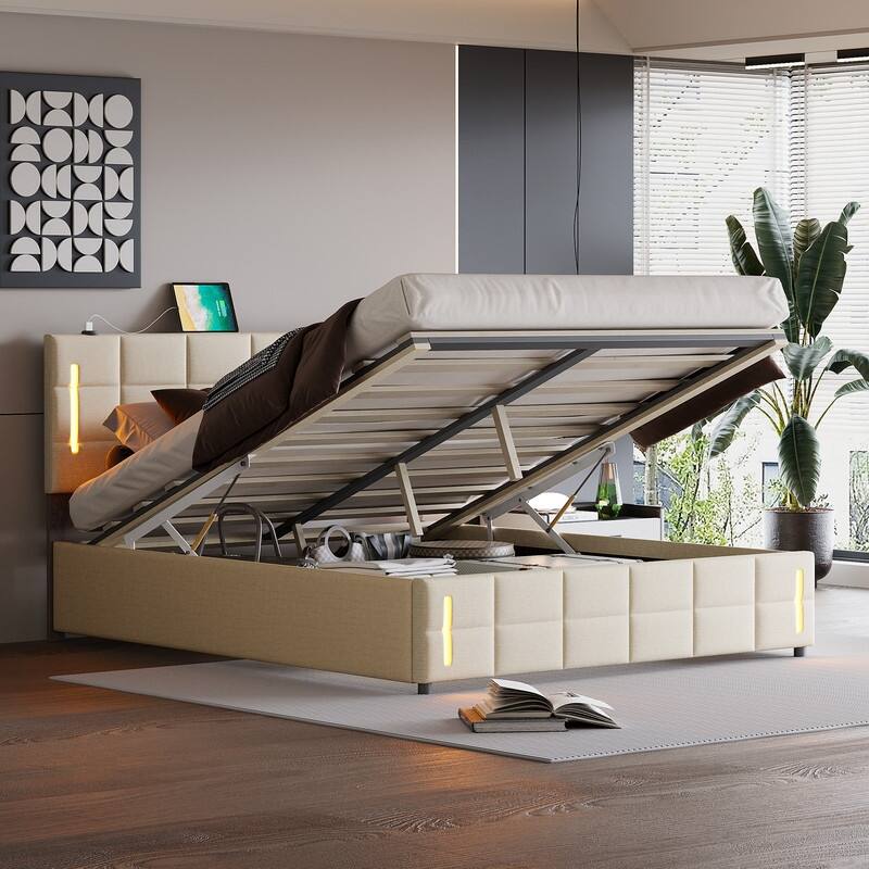 Queen Size Upholstered Platform Bed with Hydraulic Storage System and LED Light - Beige