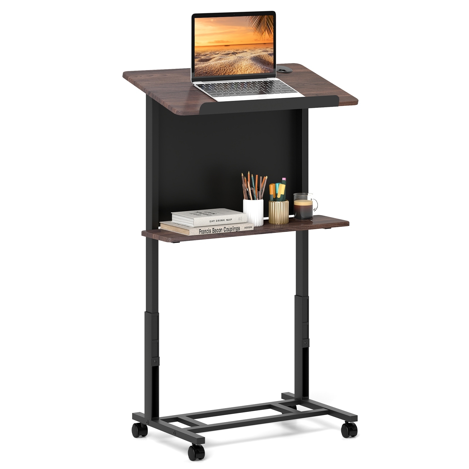 Adjustable Rolling Podium Stand with Tilt Table and Storage Shelf