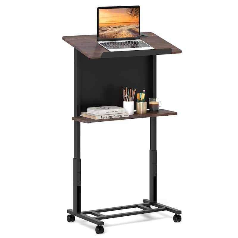 Adjustable Rolling Podium Stand with Tilt Table and Storage Shelf - Walnut-Black
