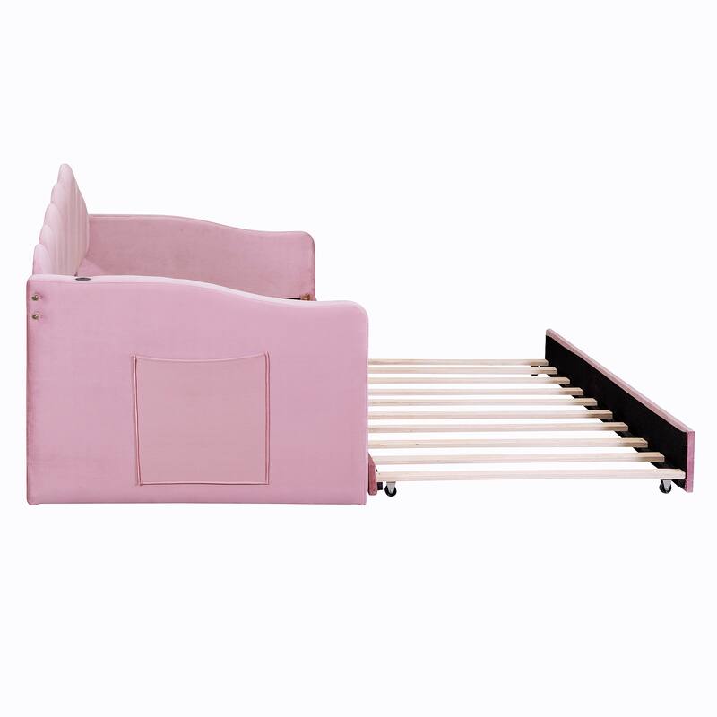 Roomfitters Twin Upholstered Daybed with Trundle, Velvet Sofa Bed with USB Charging Ports, No Box Spring, Pink