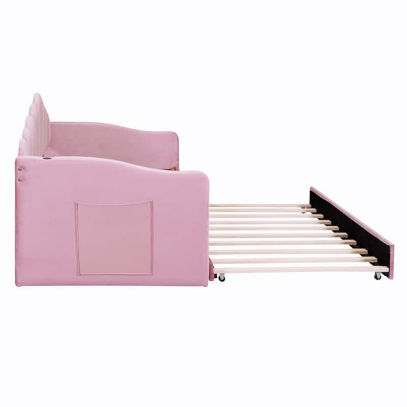 Twin size Upholstered Daybed with Trundle, Velvet Sofabed with USB Charging Ports, No Box-spring Needed, Pink