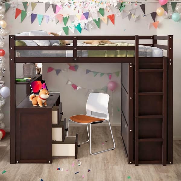 slide 2 of 14, Elegant Full size Loft Bed with Drawers, Desk and Wardrobe, Health and Comfort, Sturdy Construction & Safety Guaranteed, Black Espresso