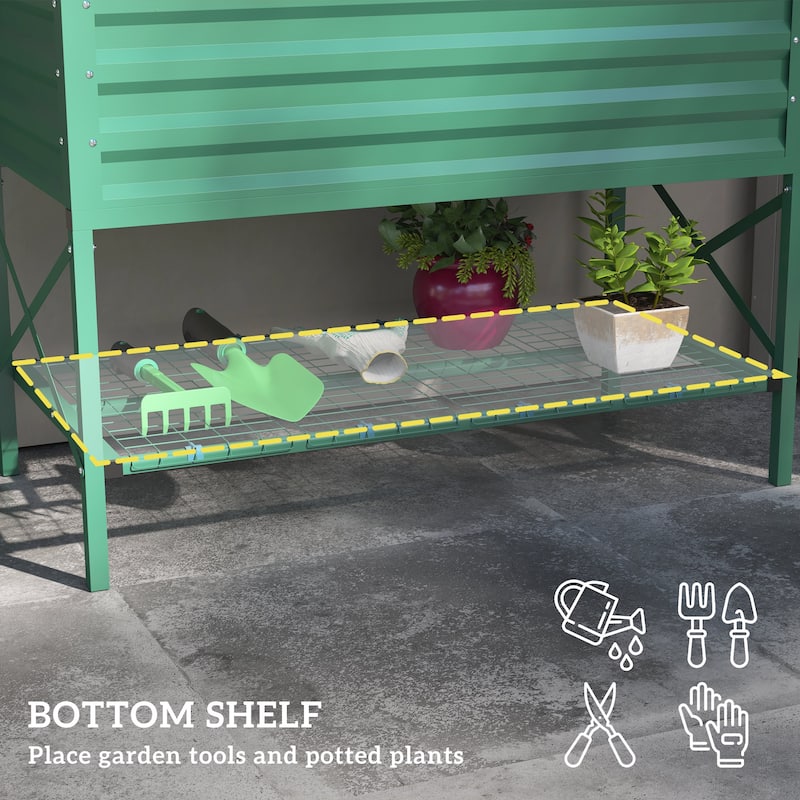 Outsunny Raised Garden Bed with Galvanized Steel Frame, Storage Shelf and Bed Liner, Elevated Planter Box
