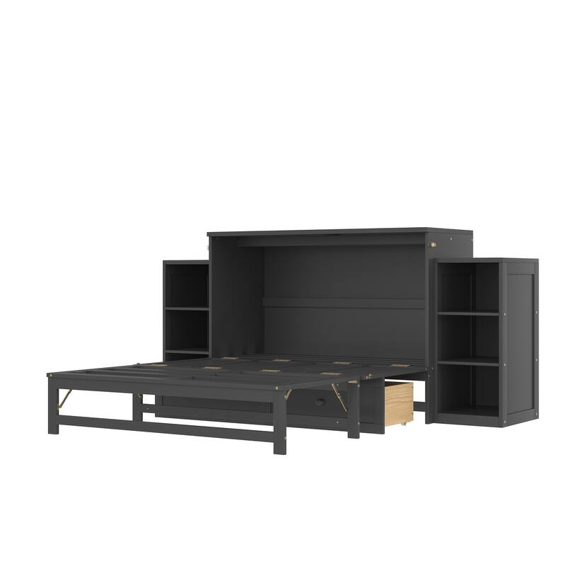 Roomfitters Murphy Bed with Storage Drawers and Shelves, Solid Wood Wall Bed Cabinet