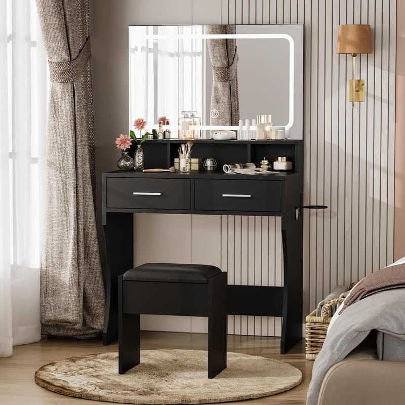 Makeup Table Set with 2 Drawers, Open Shelves, Charging Station & Stool - Black