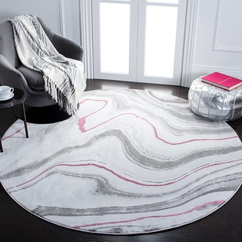 SAFAVIEH Craft Clytie Modern Abstract Marble Pattern Rug - 6'7" x 6'7" Round - Grey/Wine