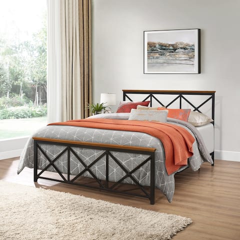 Hillsdale Furniture Ashford Triple X Design Metal Bed with Wood Accent, Textured Black with Oak Finished Wood