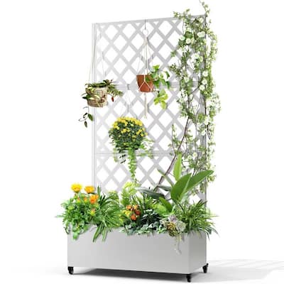 White Metal Raised Garden Bed Planter Box with Trellis Wheels for Indoor Outdoor - 35'' W X 16'' D x 73” H