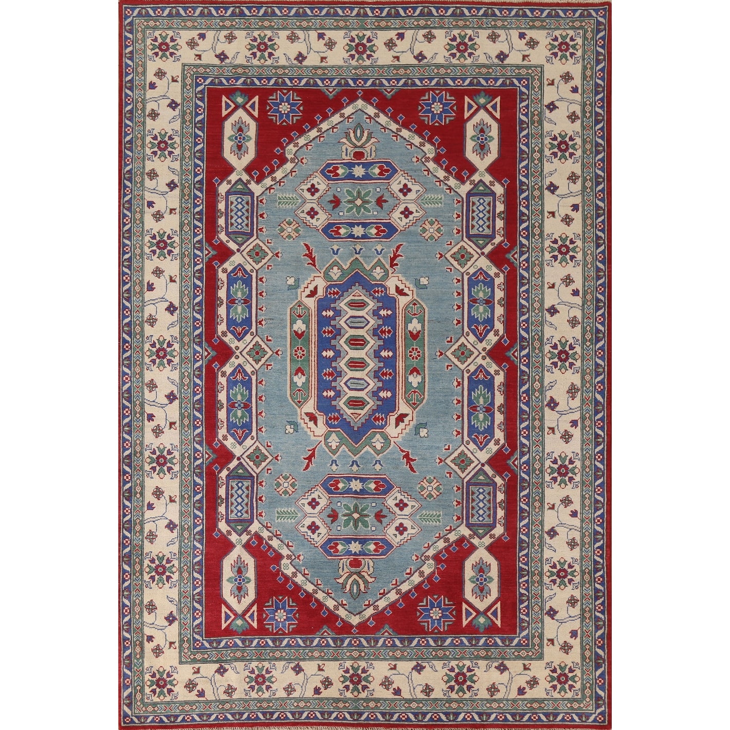 Hand Knotted Oriental 100% Wool Carpet Traditional Geometric Navy Blue & Blues Kazak Area Rug - 9' 7'' X 6' 10''