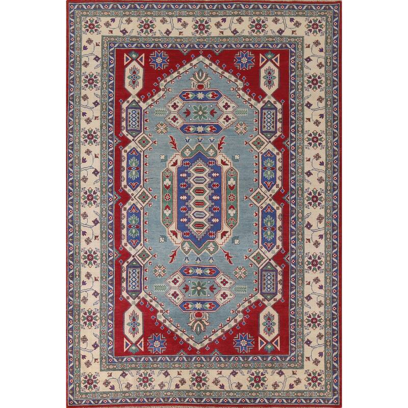 Hand Knotted Oriental 100% Wool Carpet Traditional Geometric Navy Blue & Blues Kazak Area Rug - 9' 7'' X 6' 10''