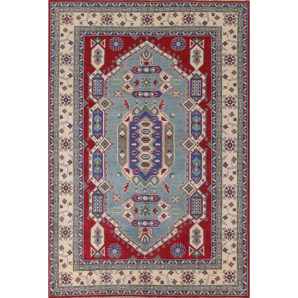 Hand Knotted Oriental 100% Wool Carpet Traditional Geometric Navy Blue & Blues Kazak Area Rug - 9' 7'' X 6' 10''