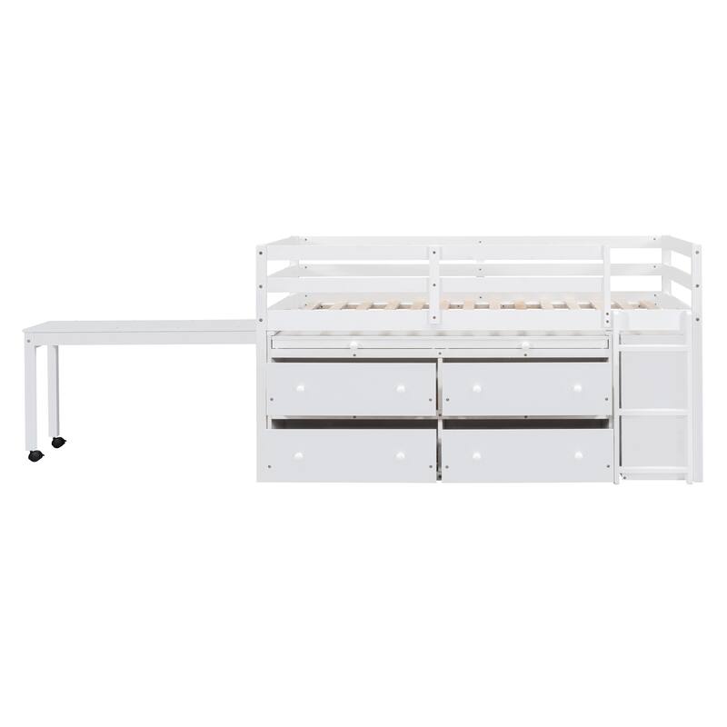 Solid Wood Loft Bed with Retractable Desk and Drawers