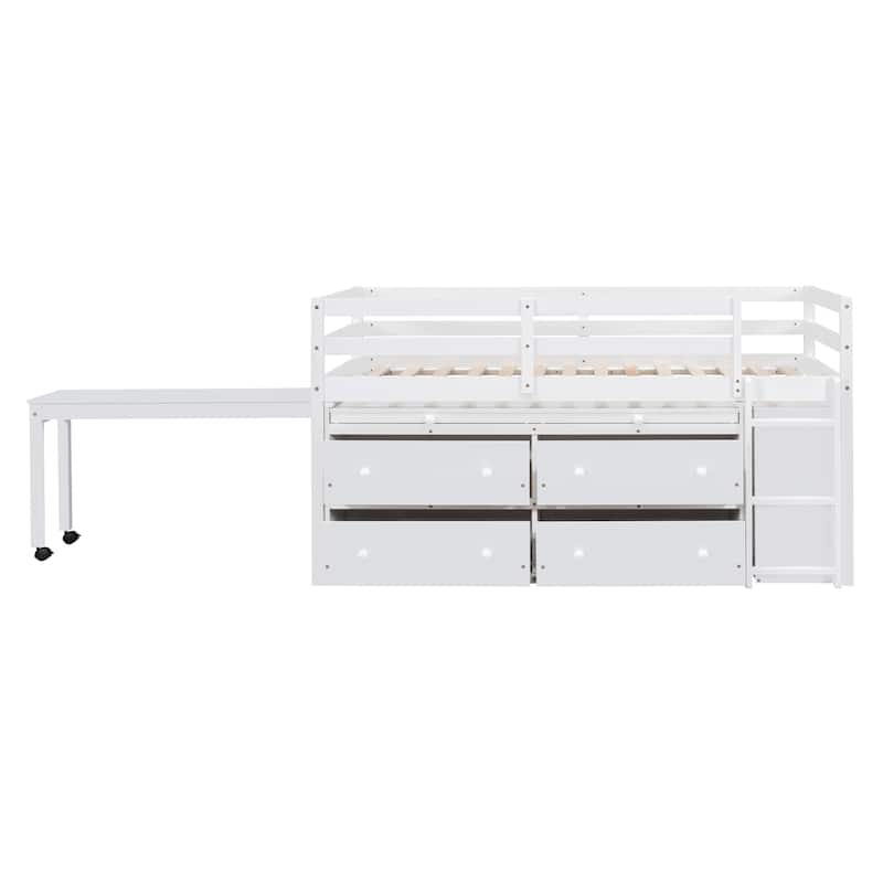 Wooden Loft Bed with Retractable Writing Desk, Lateral Portable Desk, Shelves and Drawers