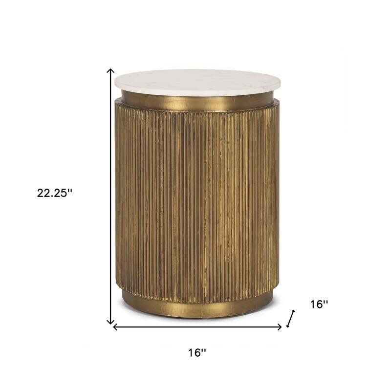 HomeRoots 22" White and Gold Stone and Brass Round Block End Table - 16.00 in. x 22.25 in. x 16.00 in.
