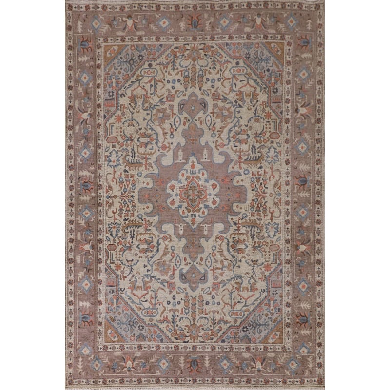Distressed Tabriz Persian Antique Area Rug Handmade Wool Carpet - 6'7" x 9'4"