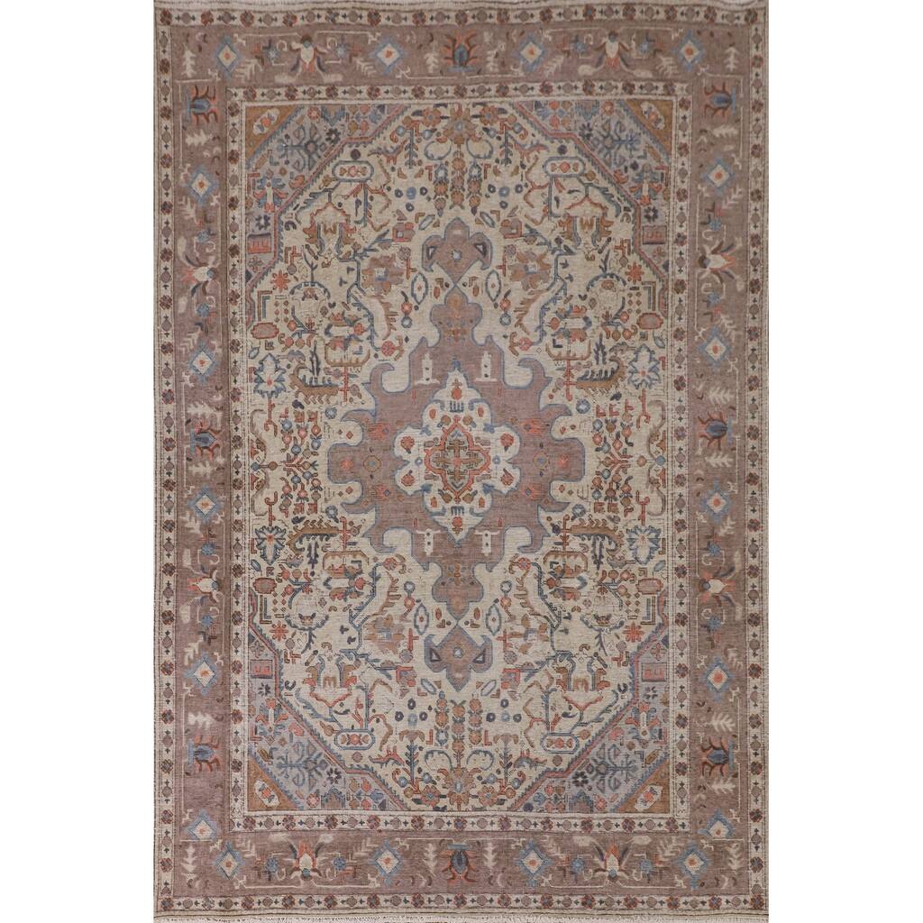 Distressed Tabriz Persian Antique Area Rug Handmade Wool Carpet - 6'7" x 9'4"