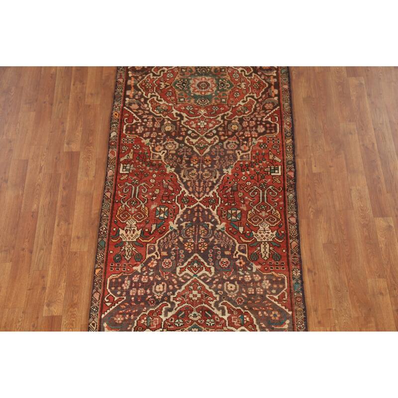 Hand Knotted Oriental 100% Wool Carpet Traditional Geometric Navy Blue & Blues Ardebil Runner Rug - 11' 2'' X 3' 1''