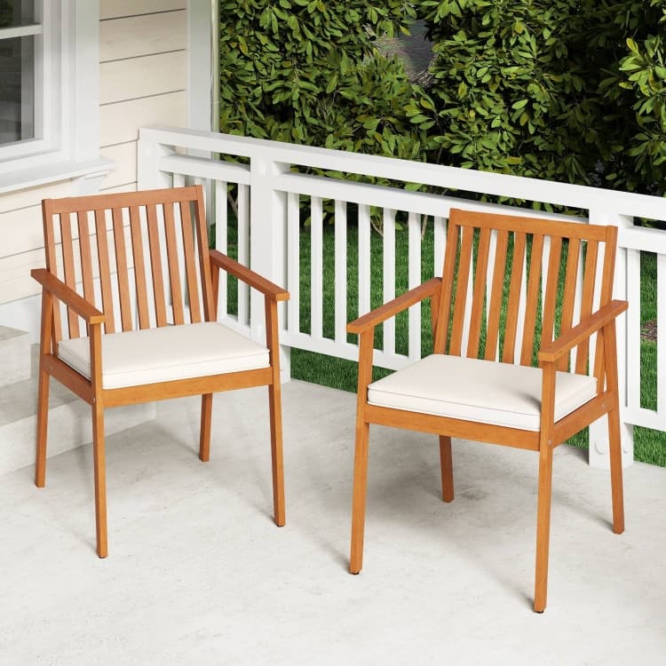 Natural Oak Acacia Wood Outdoor Dining Chairs Set of 2 with Cushions Set - 25" x 23" x 34" (L x W x H)