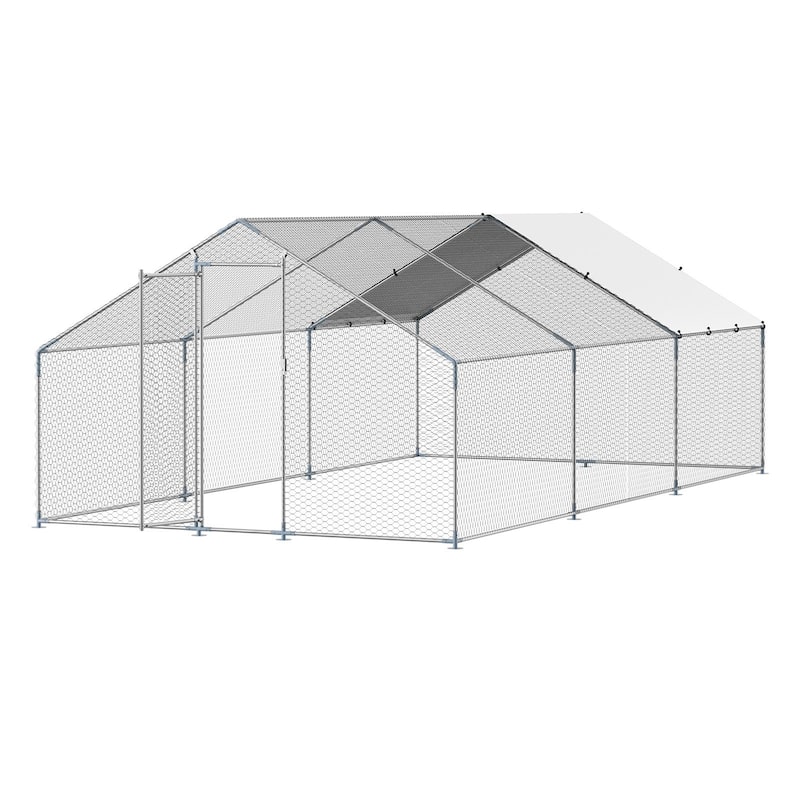 Silver Galvanized Steel Chicken Coop with Protective Net and PE Tarp Cover