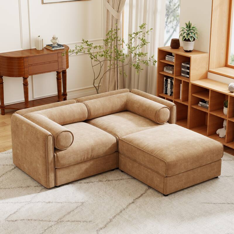 75.5" Chenille 2-Seater Sofa with Ottoman Storage & Cylindrical Backrest - Camel