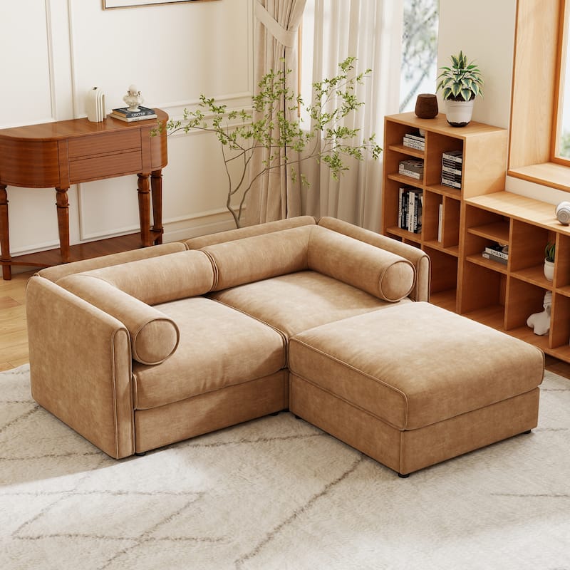 GDFStudio - Ashwood Chenille 2-Seater Sofa With 1 Ottoman - Camel