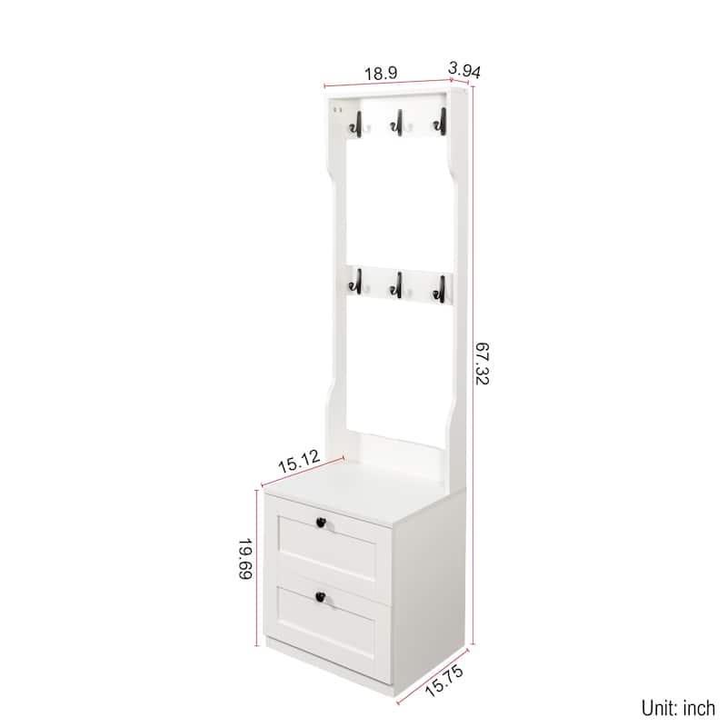 Anmytek 2-in-1 Wood Coat Rack Nightstand Storage Organizer with Drawer and Hooks Freestanding Clothes Hanger