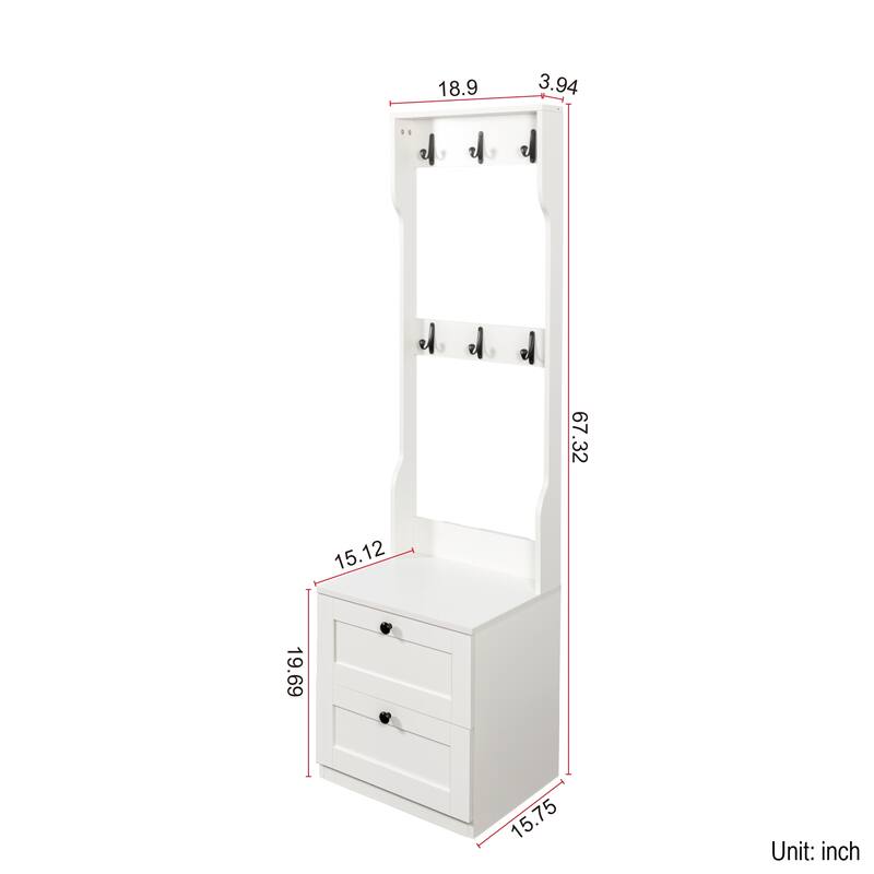 Roomfitters 2-in-1 Coat Rack and Nightstand, Freestanding Wood Bedside Storage Organizer with Drawers and Hooks, White