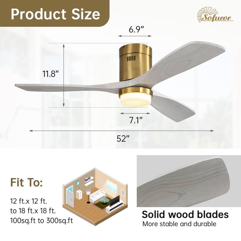 Sofucor 52"Solid Wood Modern,Farmhouse Indoor Ceiling Fan Chandelier with Remote,Adjustable light,Smart Optional