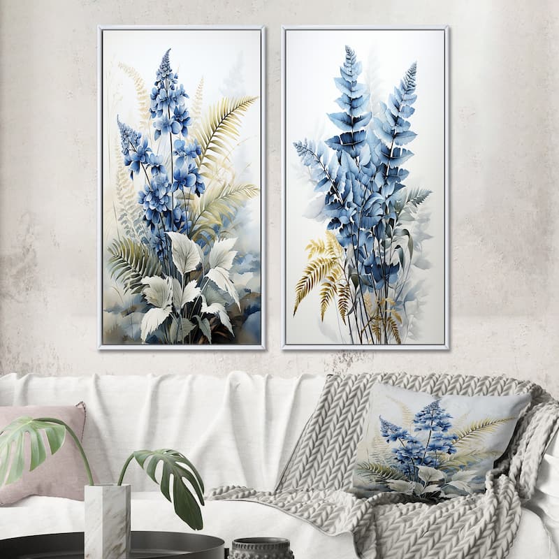 Designart "Ferns Sapphire Illumination" Ferns Framed Wall Art Set Of 2 - Blue Canvas Set For Living Room Decor - 40 in. wide x 40 in. high - White