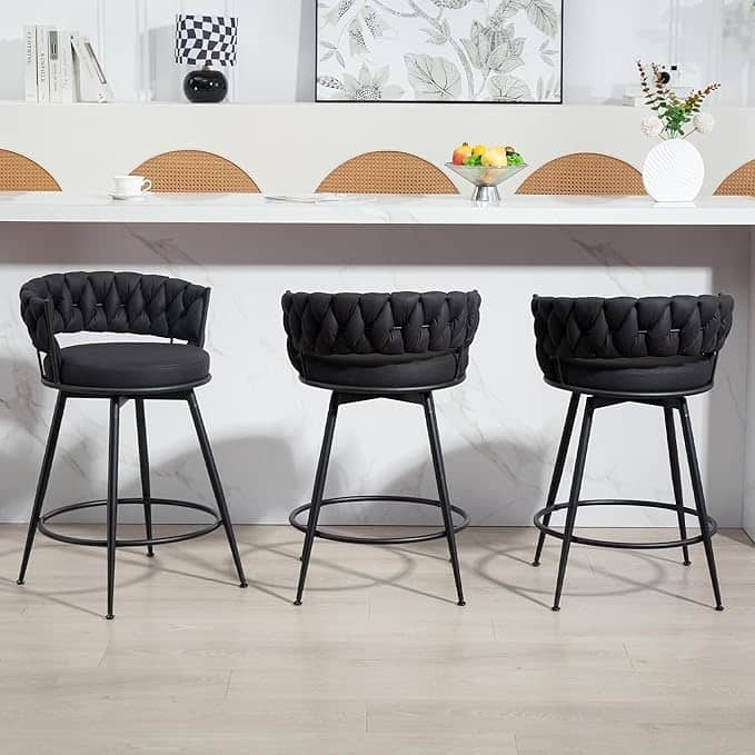 XINMICS 360° Swivel Bar Stools, 24 Inches Modern Counter Height Bar Stools with Woven Back, Upholstered Suede Tall Barstools