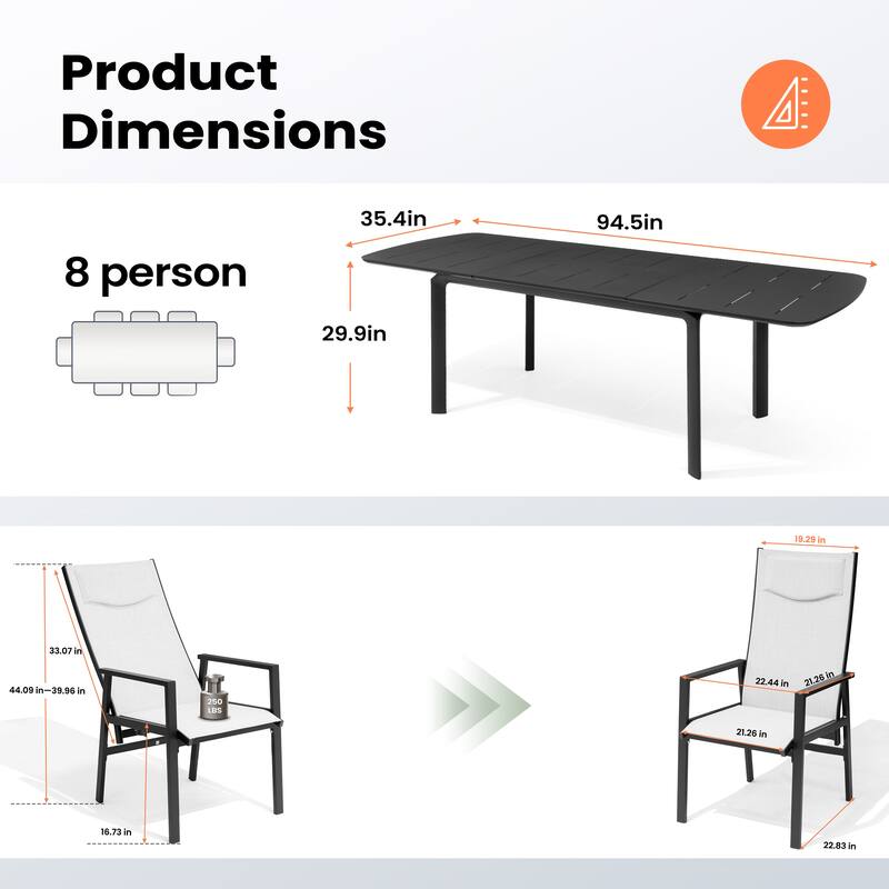 9-PC Outdoor Patio Aluminum Dining Sets Rectangular Expandable Table with Adjustable Dining Chairs