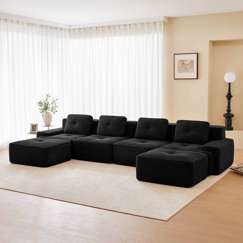 Roomfitters No Assembly Modular Sofa, 117 Inch Corduroy 3-Seater with Piping, Black - Black 153"  U-Shape