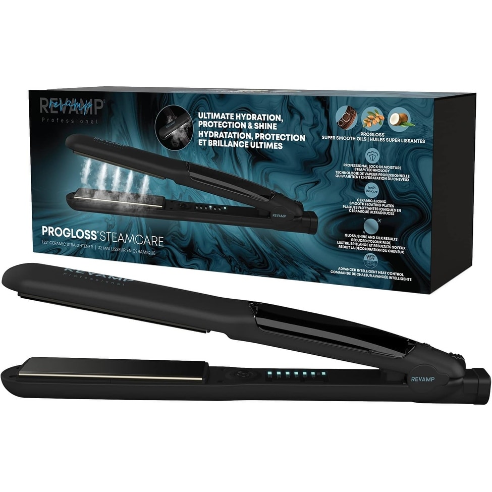 Revamp Progloss MoistureCare 1.25-Inch Flat Iron Steam Hair Straightener, Ceramic & Ionic Floating Plates, Auto-Off