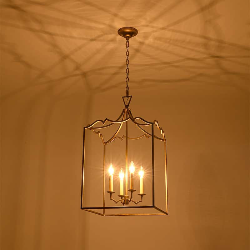 Vintage 4-Light Candle Aged Gold Iron Square Cage Pendant Lantern