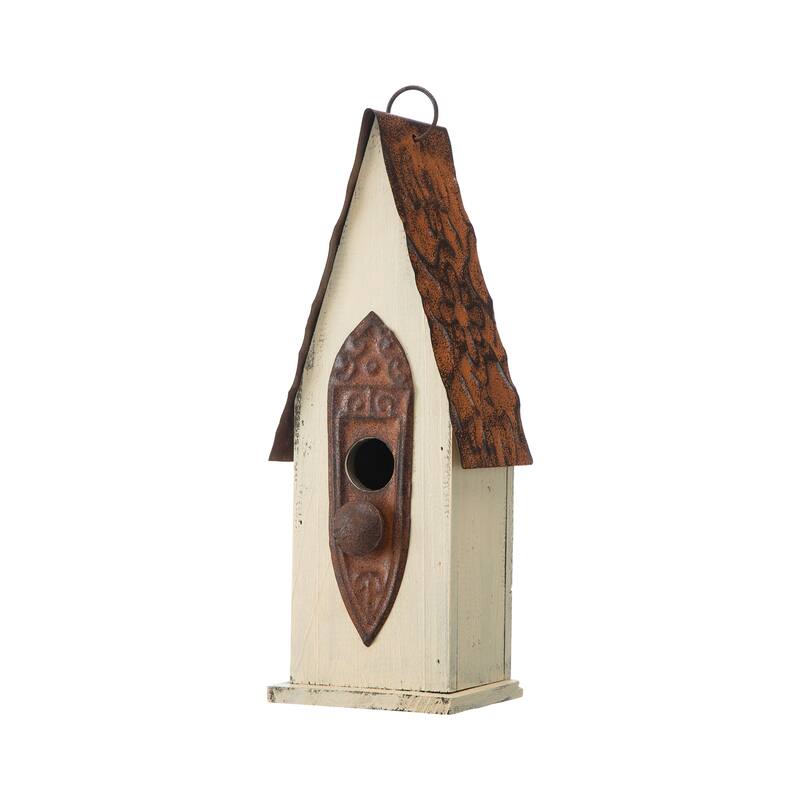 Glitzhome 13"H Retro Wooden Distressed Garden Birdhouse - 4.5"L x 4.25"W x 13.25"H - Off-White
