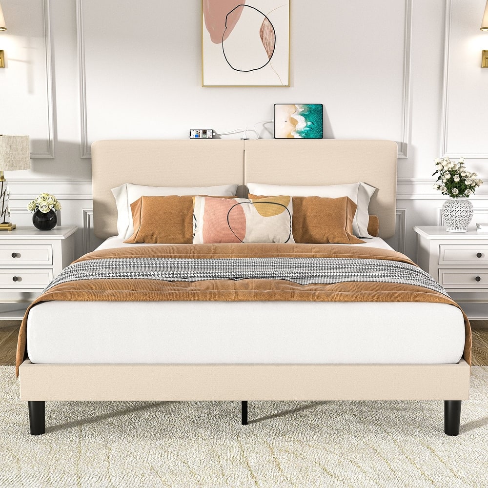 VECELO Adjustable Upholstered Split Headboard Bed Frame with Charging Station USB Port Type C No Box Spring Needed Noiseless Bed