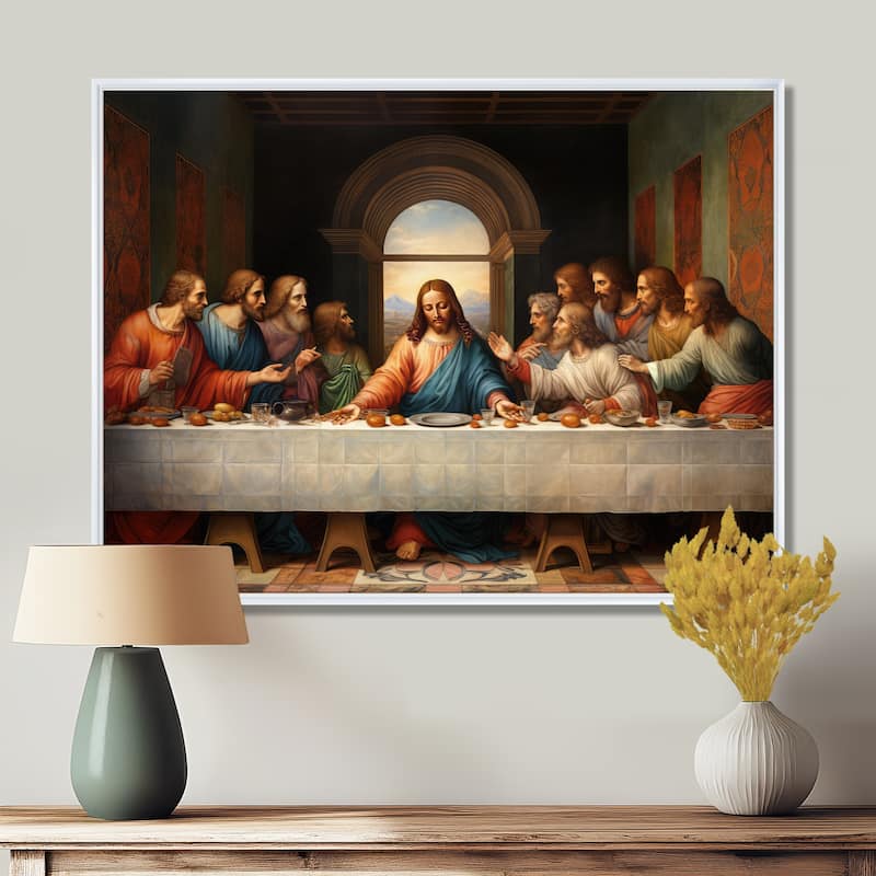Designart "Masterpiece The Last Supper Of Today" Spiritual Framed Wall Decor - 32 in. wide x 24 in. high - White