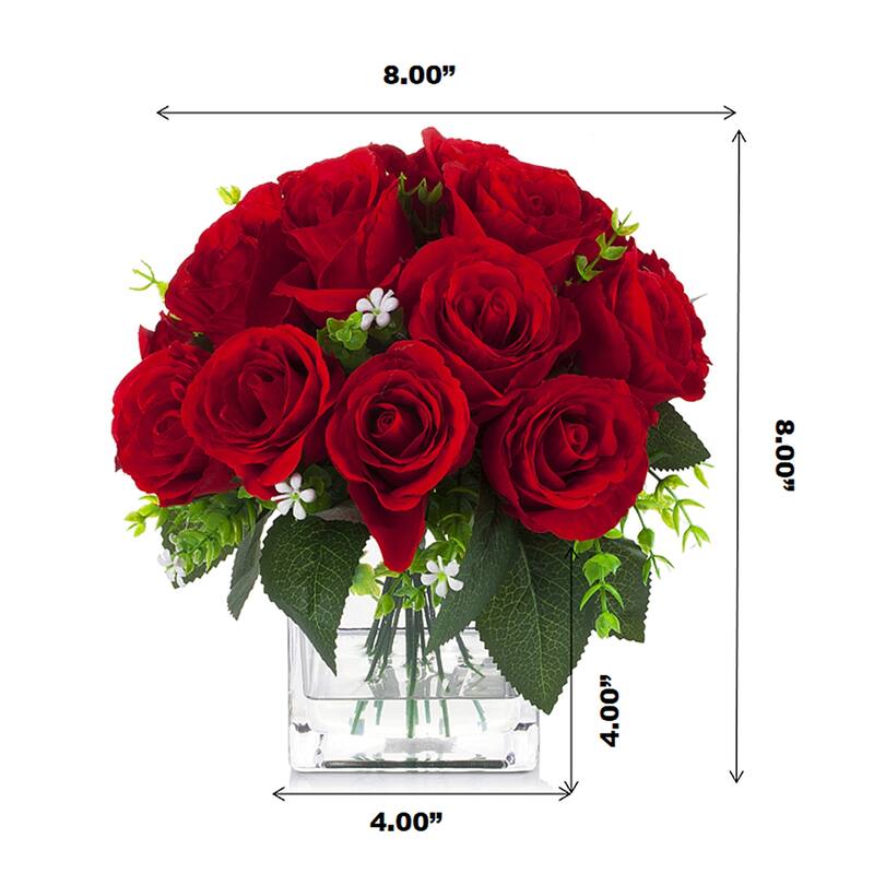 Enova Home Artificial 18 Heads Silk Roses Fake Flowers Arrangement in Clear Glass Vase with Faux Water for Home Office Decor