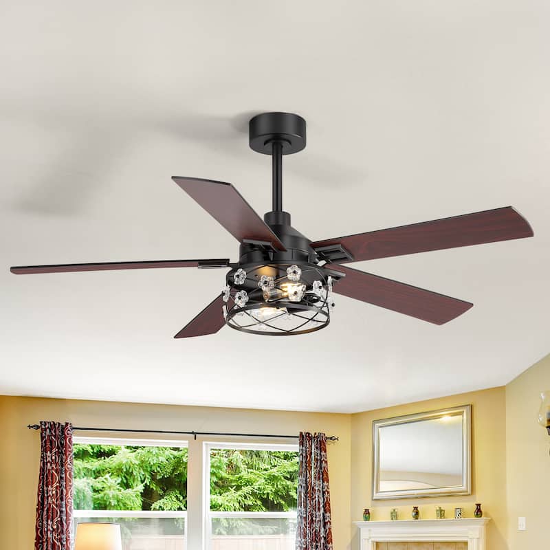 52" Reversible 5-Blade Farmhouse Glam Floral Glass Caged Ceiling Fan with Light and Remote