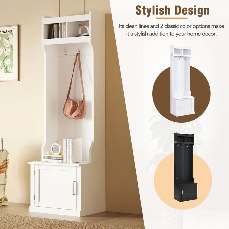 Minimalist Slim Hall Tree with Cabinet & 6 Hanging Hooks