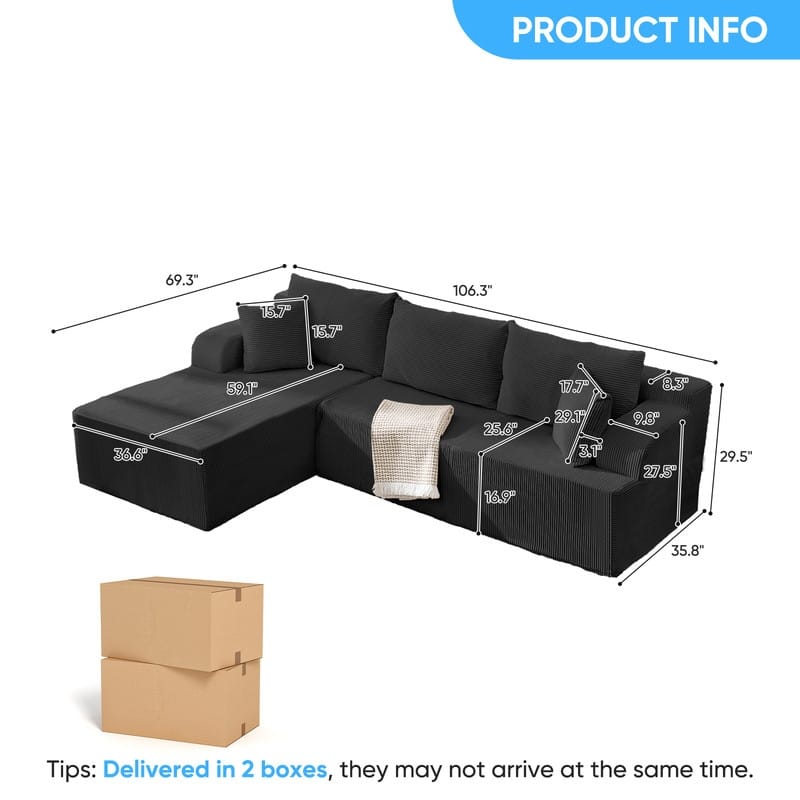 Mixoy 2-Pcs Free Combination Modular Sectional Sofas with Deep Seat,Corduroy L-Shaped Sofa with Chaise Lounge - 3-Seater