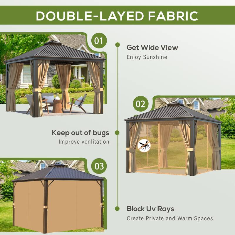 EROMMY 10x10 Outdoor Hardtop Gazebo w Galvanized Steel Double Roof and Aluminum Frame,w Curtains and Nettings