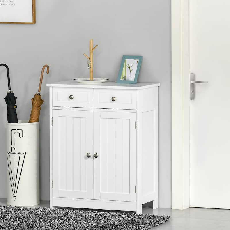 kleankin Freestanding Bathroom Storage Cabinet Organizer Floor Tower with 2 Door, 2 Drawers, Adjustable Shelf, White