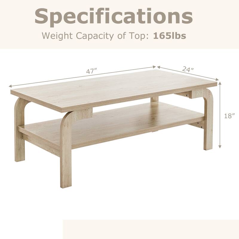47" Rectangular MDF Wood Coffee Table with Storage Shelf and Curved Legs for Living Room Decor - 47"L x 24"W x 18"H