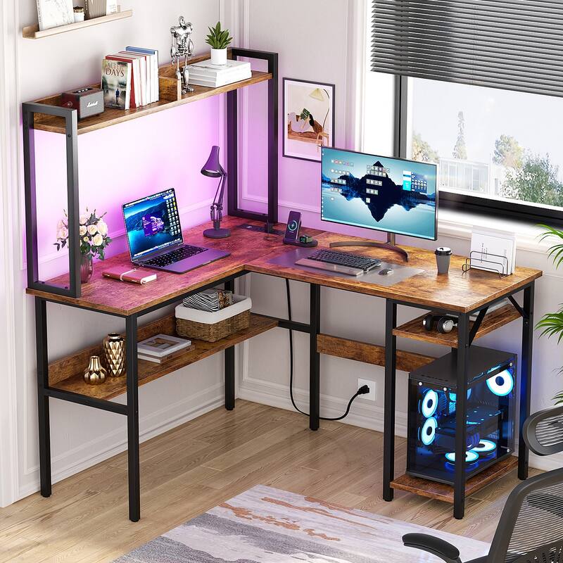 Modern Farmhouse L Shaped Computer Desk with Hutch and Storage Shelves, Corner Gaming Table with LED Lights