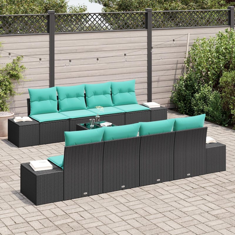vidaXL 9 Garden Sofa Set with Cushions Black Poly Rattan - 115.7 x 24.4 x 27.2