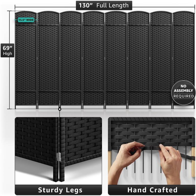 Room Divider Folding Privacy Screen Tall Partition Foldable Wall 8 Panel - 96” L x 19.50” W x 69” H