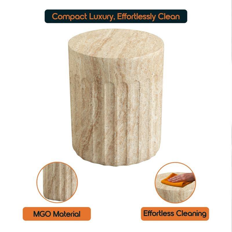 Zenvio Modern Cylindical Marble Side Table with Accent Painted Finish and Vertical Grooves for Living Room, Bedroom or Patio